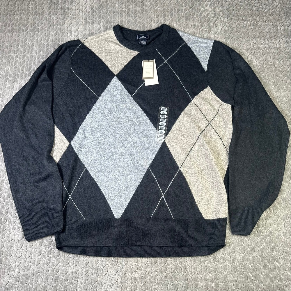 Dockers Mens Argyle Sweater Night Marl Extra Soft Fine Gauge Crewneck NWT